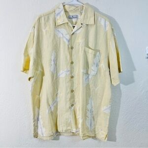 Cumran Floral Short Sleeve Button Down Linen Shirt Men Size Large Yellow/White